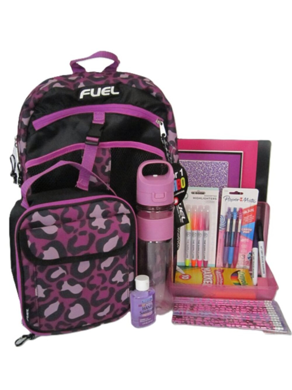 Purple Leopard Print Backpack Lunch Bag Water Bottle & School Supplies NEW